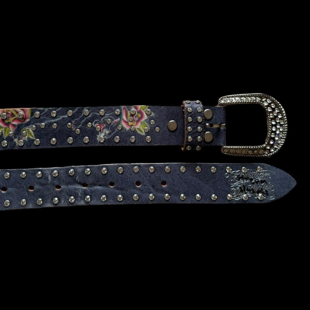 Christian Audigier Floral Studded Belt with Rhinestone Buckle